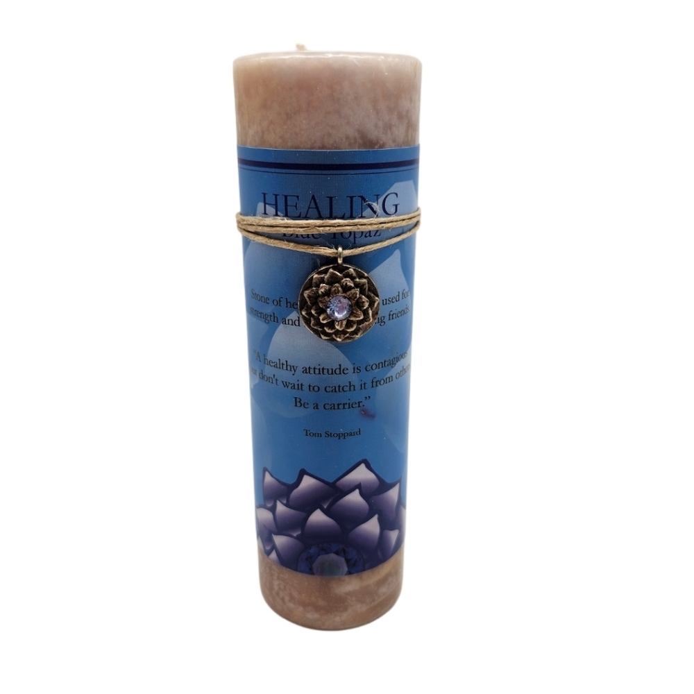 Healing Pillar Candle Featuring a Gold Lotus Design &  Blue Topaz Stone Pendant